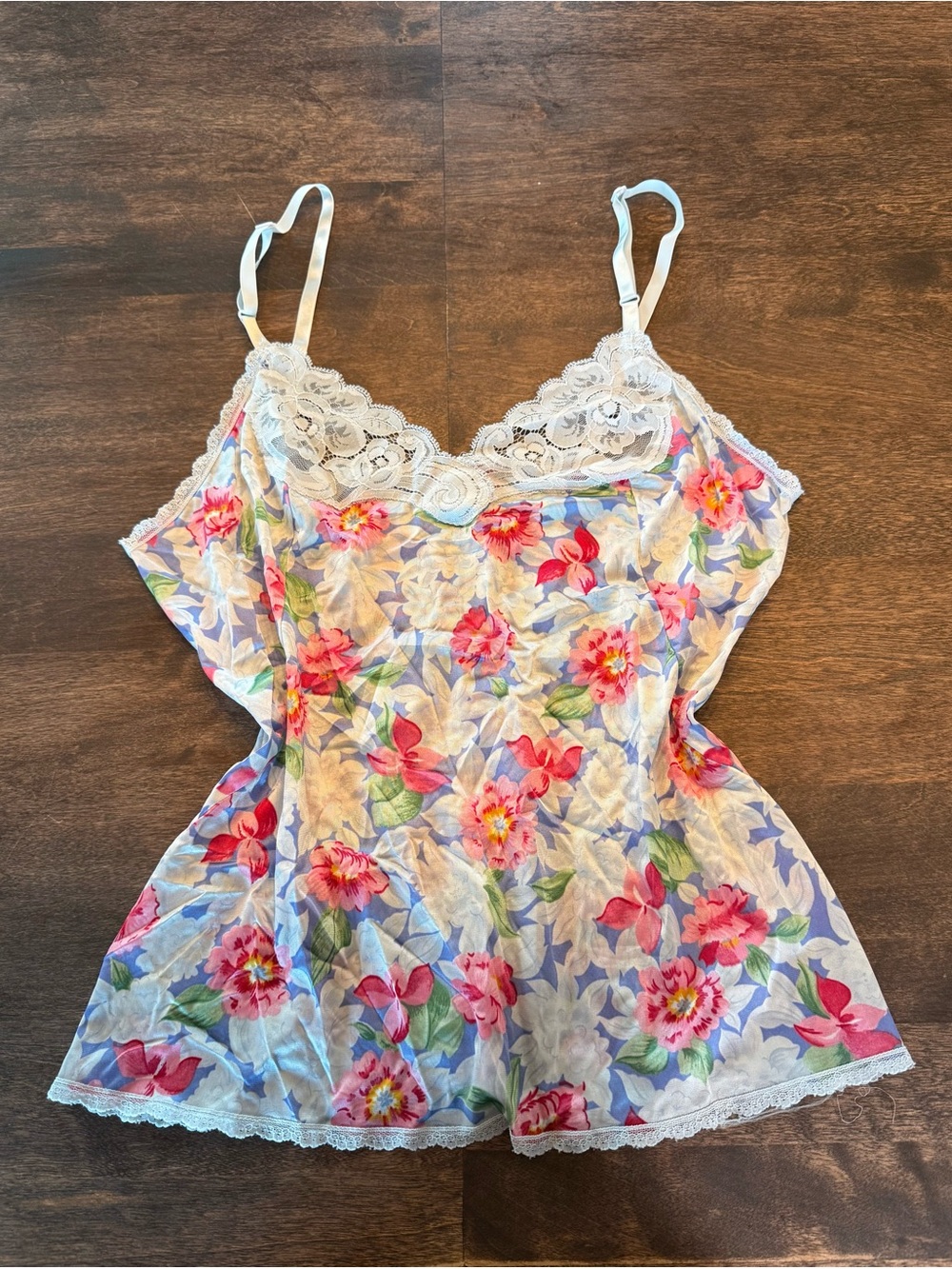Vanity Fair White Floral Lace-Trim Chemise with Pink Flowers